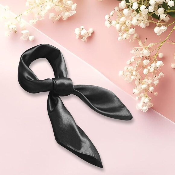 Women's Black Silk Feeling Scarf 23.6'' Square Satin Scarf Neck Head Bandana - Picture 6 of 7